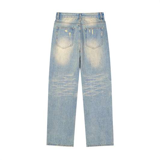Sun Fade Raw Hem Denim Jeans by ODMPOD