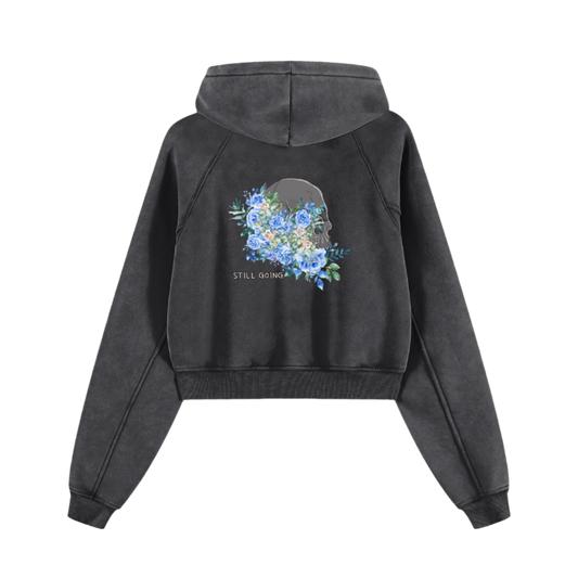 Snow Washed Cropped Hoodie "skull flowers" by ODMPOD