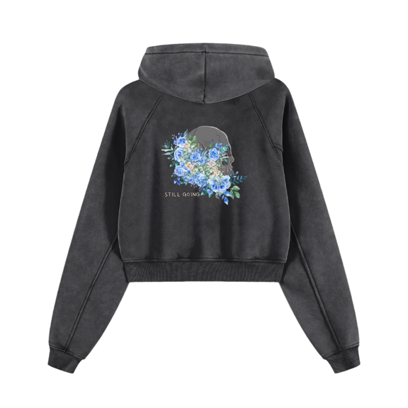 Snow Washed Cropped Hoodie "skull flowers" by ODMPOD