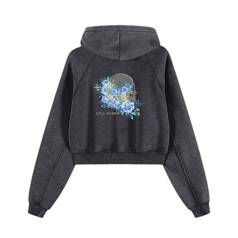 Snow Washed Cropped Hoodie "skull flowers" by ODMPOD