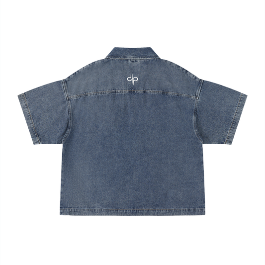 Unisex Vintage Wash Boxy Quarter-Zip Denim Shirt by ODMPOD