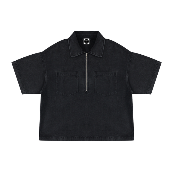 Unisex Vintage Wash Boxy Quarter-Zip Denim Shirt by ODMPOD