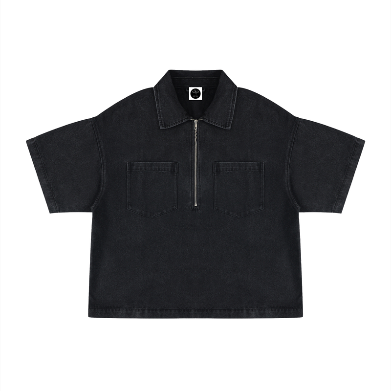 Unisex Vintage Wash Boxy Quarter-Zip Denim Shirt by ODMPOD