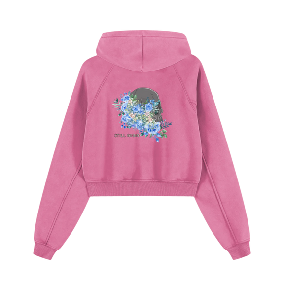 Snow Washed Cropped Hoodie "skull flowers" by ODMPOD