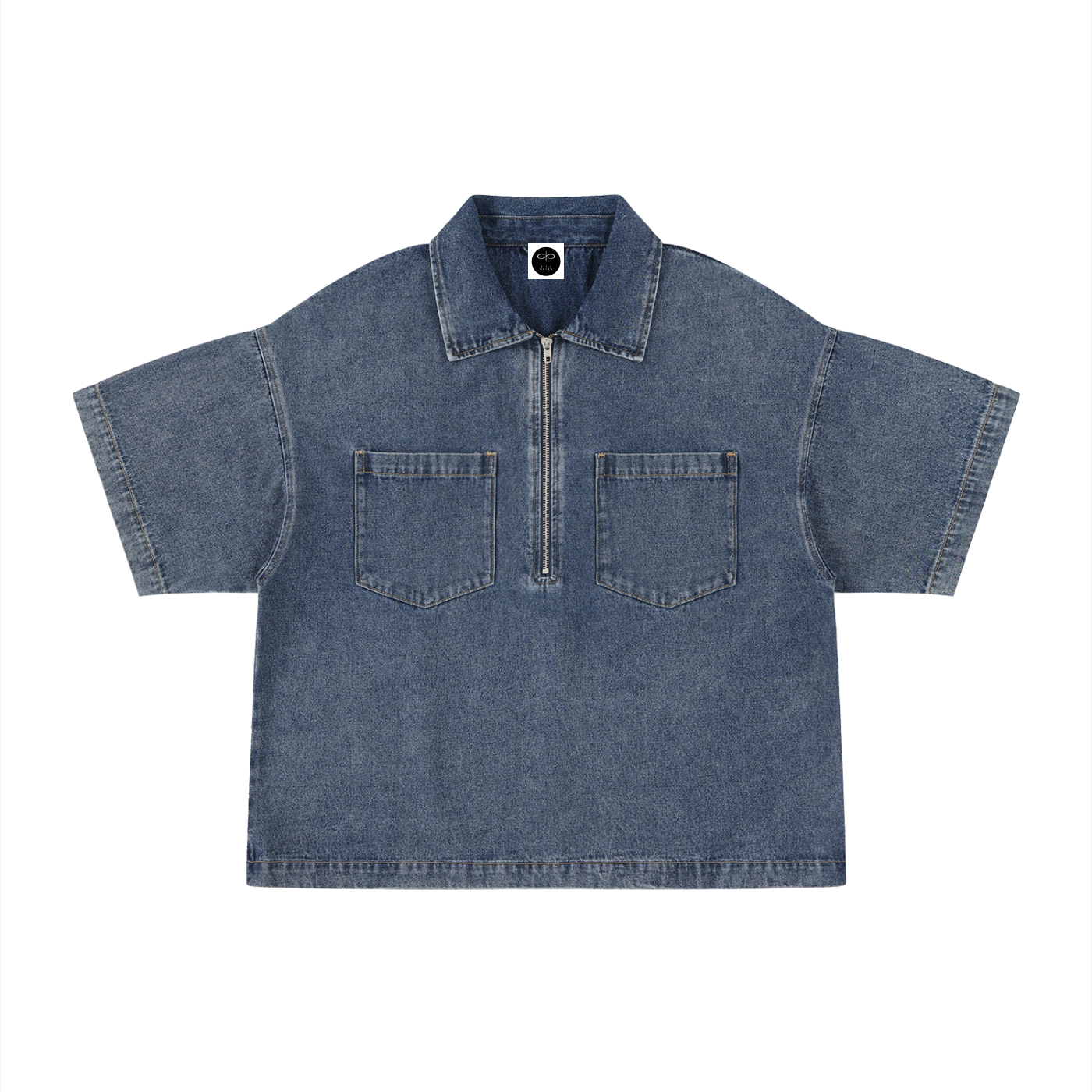 Unisex Vintage Wash Boxy Quarter-Zip Denim Shirt by ODMPOD