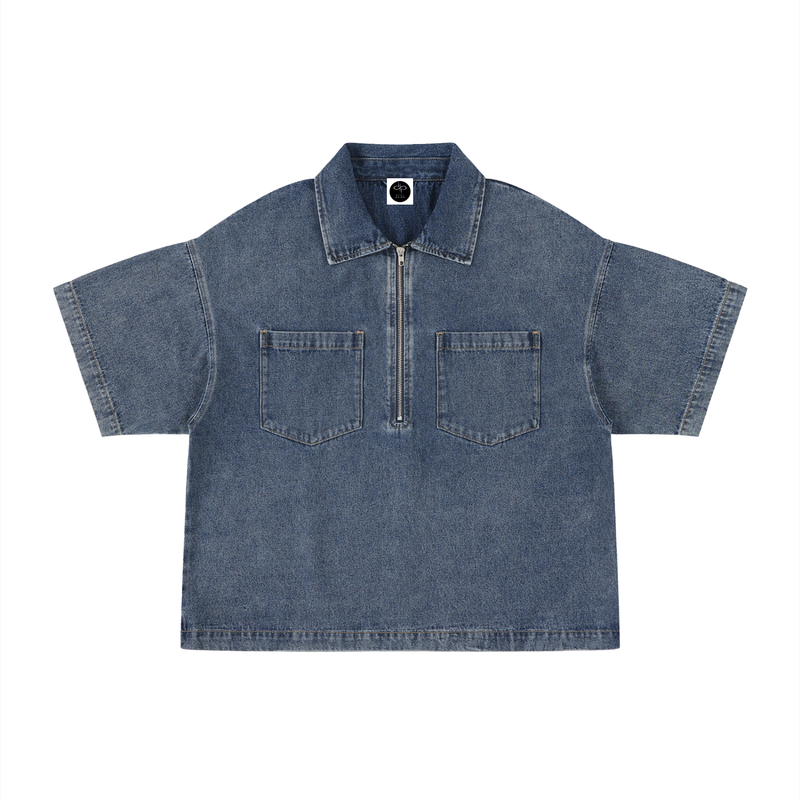 Unisex Vintage Wash Boxy Quarter-Zip Denim Shirt by ODMPOD