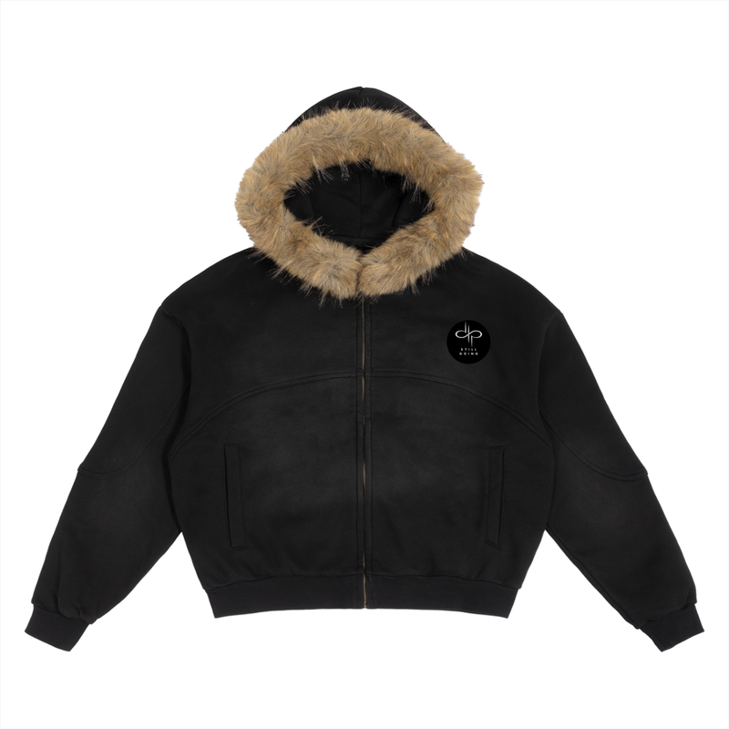 Sun Fade Boxy Detachable Fur Hoodie by ODMPOD